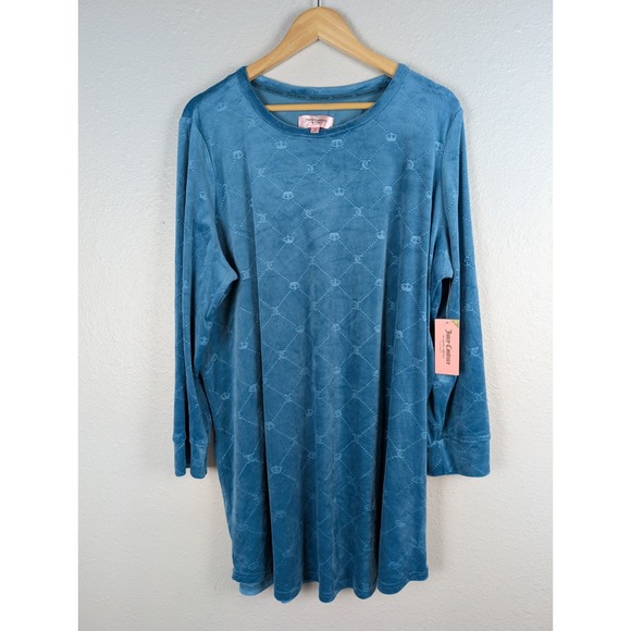 NWT Juciy Couture 1X Short Dress Aqua Velour‎ Flare L Embossed Crowns Scoop Neck - Picture 2 of 9